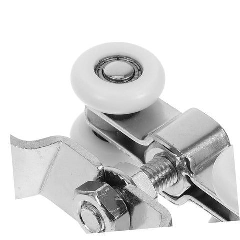 Close-up of stainless steel sliding door roller with silent nylon wheel, part of 2 Pack Sliding Door Rollers Stainless Steel With Silent Nylon Wheels For Smooth Indoor Outdoor Operation Heavy Duty Track Replacement Hardware Easy Install For Wardrobe Doors Closet Doors And Barn Doors.