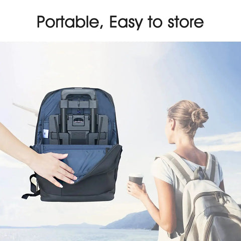 Person holding Extendable Car Seat Travel Cart for Airports with Folding Stowable Base Plate in backpack, outdoor scene in background