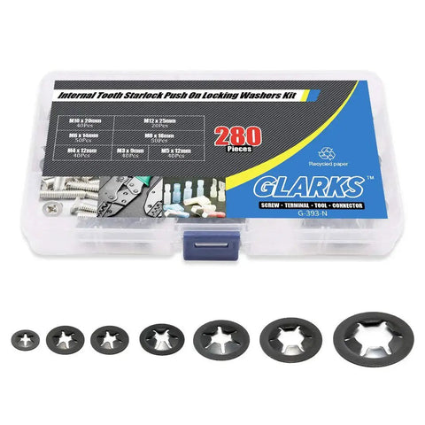 Glarks 280-piece internal-tooth starlock push-on locking washers kit in a clear plastic case.