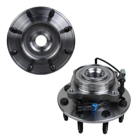 Front Wheel Bearing And Hub Assembly With ABS For 2007 Through 2013 Chevy Silverado Suburban 2500 3500 HD GMC Sierra 2500HD 3500HD Yukon XL 2500 And Hummer H2 8 Lug Pair Beefed Up For Tough Truck Duty showing front and side view.