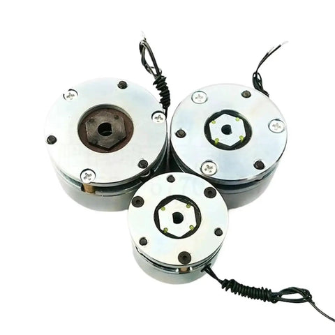 Three silver electromagnetic brake servo motors with central hex bore and mounting holes, wired leads, front view