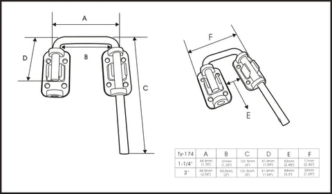 Technical drawing of Sliding Door Loop Lock For Patio French Doors 8 Pack In Matte Black 1 1/4 Inch Durable Steel Bar With Zinc Die Cast Base Child Safe Secondary Security Lock Easy To Install Made In Taiwan.