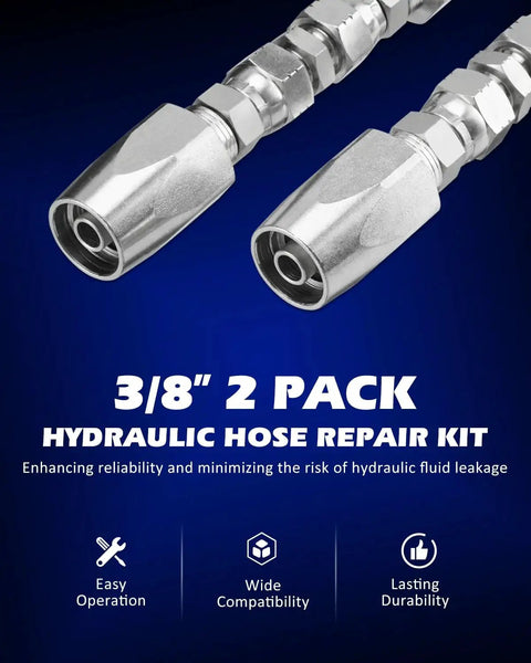 Close-up of 3 By 8 Inch Hydraulic Hose Repair Kit, Reusable 2 Wire Fitting, R2 R16 R17 R19 with two metal fittings