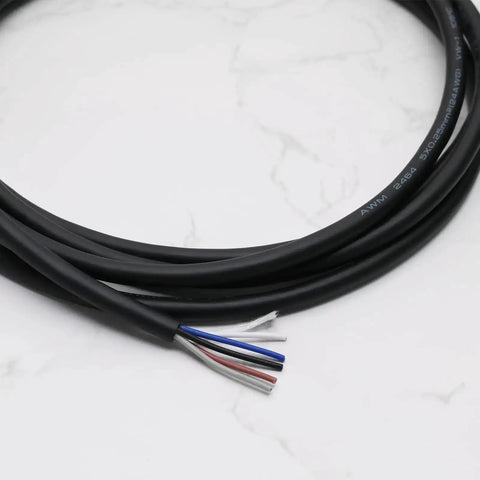 Close-up of an M12 5 Pin Straight Aviation Connector Cable with TPU jacket, showing internal wiring, designed for industrial automation control.