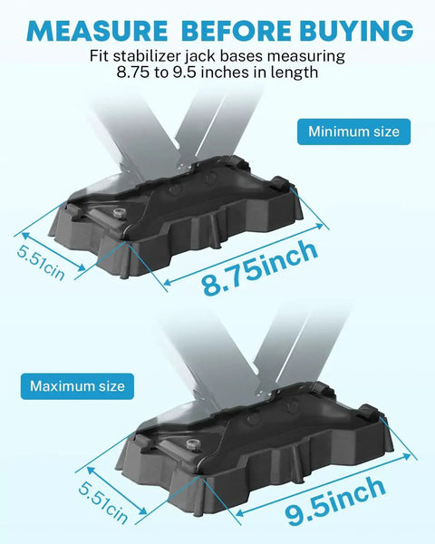 Two Pack RV Stabilizer Jack Pads For Scissor Jacks 8.75 To 9.5 Inch Base By 5.5 Inch Wide Heavy Duty Rubber Foot Plates, size comparison