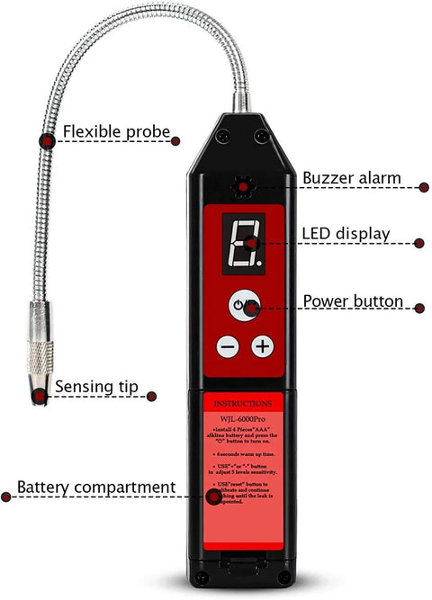 Upgraded WJL-6000PRO Halogen Leak Detector for HVAC Systems With Indicator Light and Auto Calibration Ultra High Sensitivity displayed.