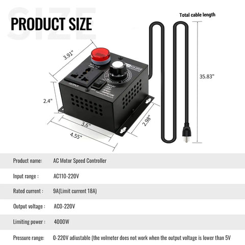 AC Motor Variable Speed Controller and Fan Regulator for DIY Projects, Bench Testing, Industrial Use, 4000W, with dimensions and cable.