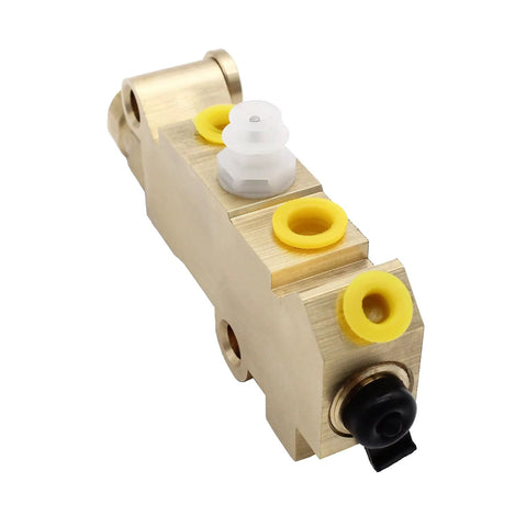 Brass drum brake proportioning valve with yellow seals and white adjustment plunger, black control knob