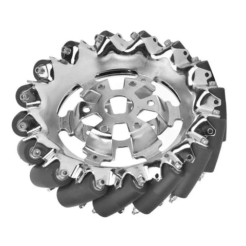 Six Inch Mecanum Wheel With Sixteen Independent TPU Rollers for omni directional movement in industrial robots and DIY projects.