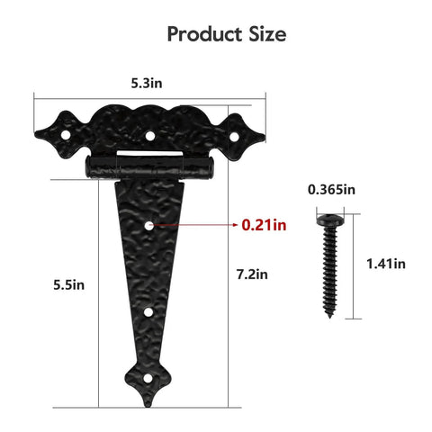 Dimensions of 6 Inch Decorative Hammered Steel Rust Resistant Heavy Duty T Hinges Outdoor Tee Hinges For Shed Fence Barn Doors 6 Pack.