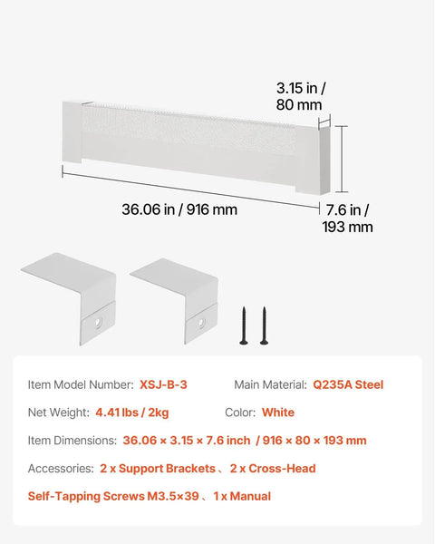 Heavy Duty Baseboard Heater Cover 3 Ft For Easy Bedroom Replacement Steel Front Panel Cover White Finish dimensions and parts diagram