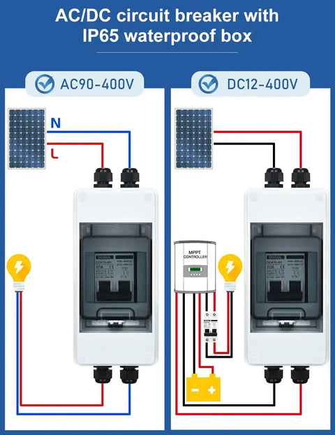 AC DC Solar System Circuit Breaker With IP65 DIN Box 60 Amp Two Pole 12V 400V Non Polarized Solar Panel Disconnect Switch PV Array Shut Off Isolator Weatherproof Durable DIN Rail Mount For DIY Setups with wiring diagram