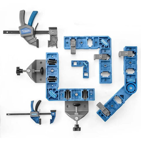 Clamp It Corner Woodworking Jig For 90 Degree Right Angle Cabinet Assembly Hands Free Pro Grade Panel Positioning And Precise Alignment In Woodworking Cabinets Casework And Carpentry Projects, shown in multiple pieces with clamps and brackets in blue and gray