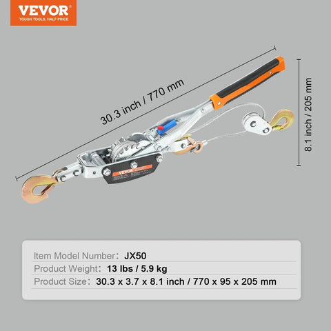 Five Ton Come Along Winch With Eleven And A Half Foot Steel Cable Dual Gear Heavy Duty Ratchet Puller For Vehicle Rescue