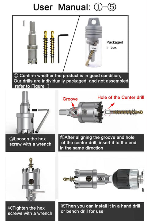 Assembly manual for Heavy Duty Tungsten Carbide Tipped 4 Inch Hole Saw Set With Two Titanium Plated Pilot Bits.