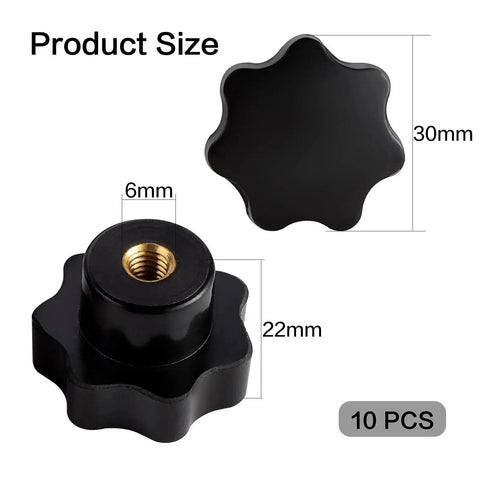 M6 7 Star Knob Knurled Clamping Knob Star Shape Plastic Hand Knobs 10 Pcs, dimensions labeled, black plastic, brass insert
