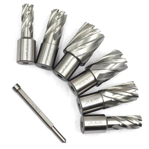 7 Piece Annular Cutter Set With Weldon Shank For Magnetic Drill Press Beefy Hole Cutter Kit, 1 Inch Cutting Depth, Diameters From 0.5 To 1.0625 Inch, 2 Flats, HSS Mag Drill Bits, Includes Pilot Pin Oscarbide shown arranged side by side, visible sizes on metal cutters.