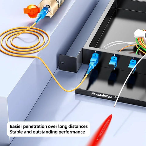 Visual Fault Locator VFL fiber optic tester 100-120KM with red light and blue connectors on NewMainOne panel.