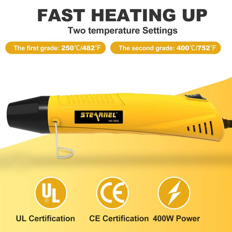 Stearnel heat gun HG-3502, yellow with black nozzle, two temps 250°C/482°F and 400°C/752°F, 400W, UL/CE certified