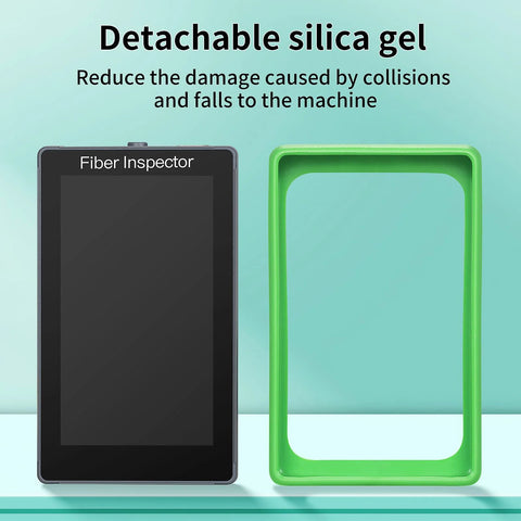 Fiber Inspector handheld video probe with 5-inch touchscreen and lime-green protective frame