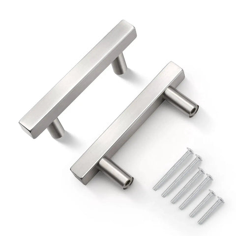 10 Pack Brushed Nickel Square Body Cabinet Pulls 64mm Hole Center stainless steel shown with screws