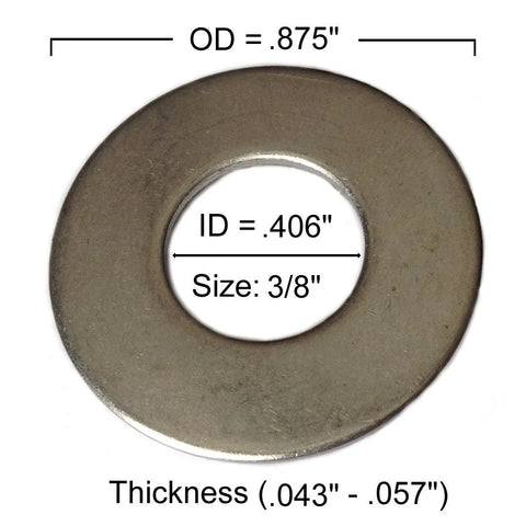 316 stainless steel flat washer, size 3/8 in, ID 0.406 in, OD 0.875 in, thickness 0.043–0.057 in, pack of 100