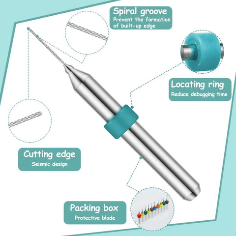 30 Pcs Shank Tungsten Carbide Micro Drill Bits Set 0.1-1.0 Millimeter PCB Engraving Bits showing spiral groove and cutting edge features.