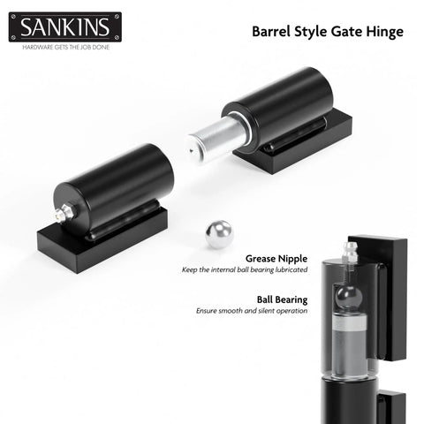 Heavy Duty 5 Inch Weld On Gate Hinges 450lbs Capacity For Outdoor Gates And Trailers Barrel Hinges By SANKINS, black steel
