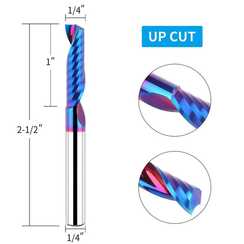 Solid Carbide Single Flute End Mill One Quarter Inch Shank Upcut CNC Router Bit Flat Top Milling Cutter For Aluminum Plastic Acrylic PVC MDF Nano Blue Coated One Inch Cutting Length Two And A Half Inch Overall Length
