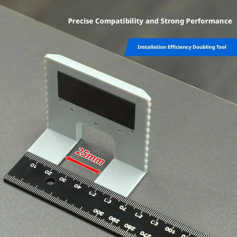 Super Handy Hinge Installation Jig For Doors And Cabinets, Durable ABS Construction, shown with 25mm measurement and ruler
