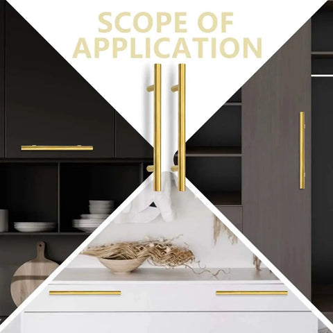 12 Pack 8 Inch Gold Cabinet Pulls With 5 Inch Center Holes Stainless Steel Modern Brushed Finish installed on black cabinets and white drawers