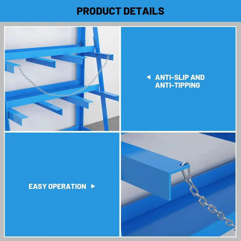 Close-up of blue heavy-duty steel vertical bar rack with anti-tipping chain for storing long parts, pipes, and lumber.