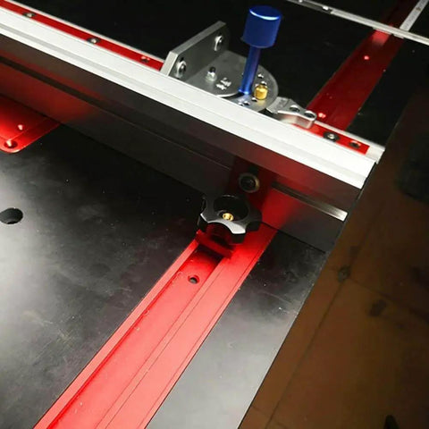 Close-up of installed 75 Type T Slot Miter Track for woodworking, showing 1200mm aluminum alloy T track slide and fixtures.