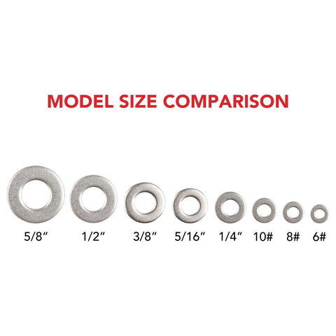 Flat washers, 304 stainless steel, eight sizes shown: 5/8, 1/2, 3/8, 5/16, 1/4, #10, #8, #6 for size comparison.