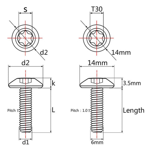 Diagram of Dope Titanium M6x20mm Button Torx Head Bolts Pack Of 4 For Bike And Motorcycle with dimensions and design details.