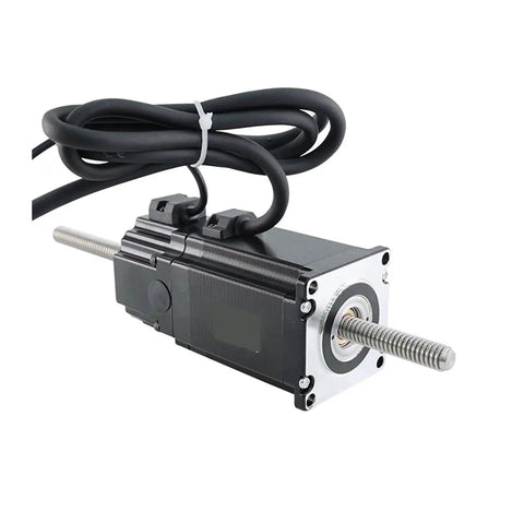 Screw motor with threaded lead screw and black housing; NEMA23 frame, metal front flange.