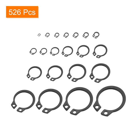 526 Piece External Retaining Rings Set With 21 Sizes For Valves And Electrical Appliances, 65Mn Carbon Steel Circlip Snap Ring Assortment Kit displayed.