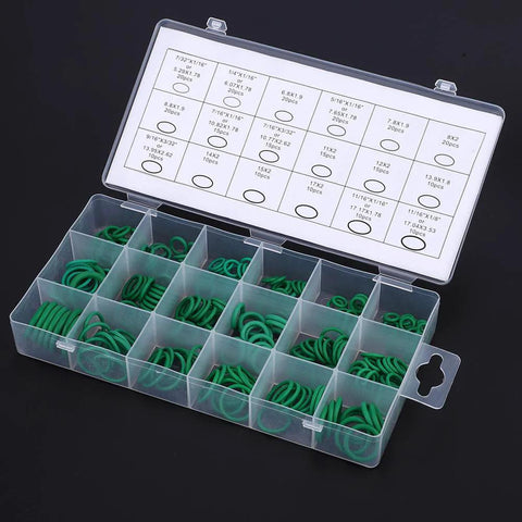 O-ring sealing kit, 270-piece, green nitrile rubber rings in multiple sizes, stored in a clear plastic organizer box.
