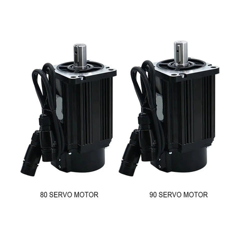 Two black servo motors (80/90 series) with attached cables and drive shafts.