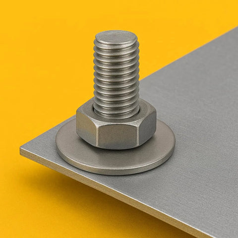 Stainless steel bolt with flat washer and hex nut on metal sheet, 5/16 in diameter.