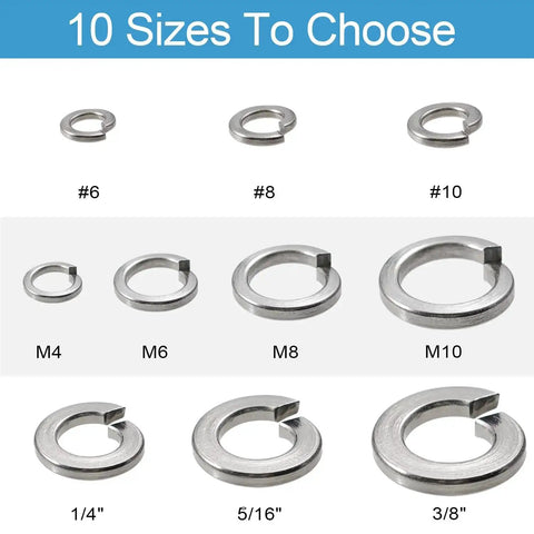Set Of 100 No 10 Split Lock Washers For Rugged Jobs, 304 Stainless Steel With Silver Finish, multiple sizes displayed