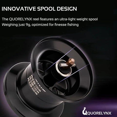 Close-up of QUORELYNX DC baitcasting reel spool, black finish with copper shaft, left-handed model