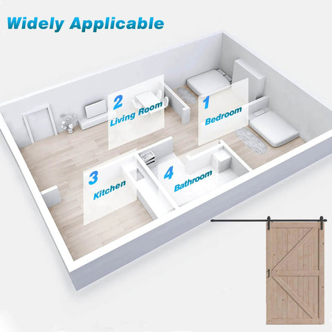Diagram showing 48 Inch By 80 Inch Sliding Wood Barn Door with 8 Foot Hardware Kit in a model home layout next to bedroom.