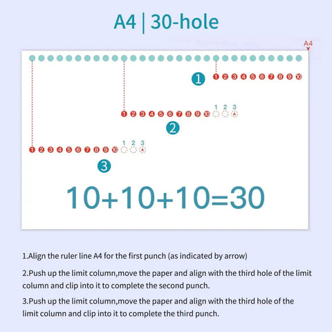 10 Hole Paper Punch Handheld Metal Puncher For A4 A5 B5 Notebooks And Scrapbooks 20 26 30 Hole Options instruction diagram