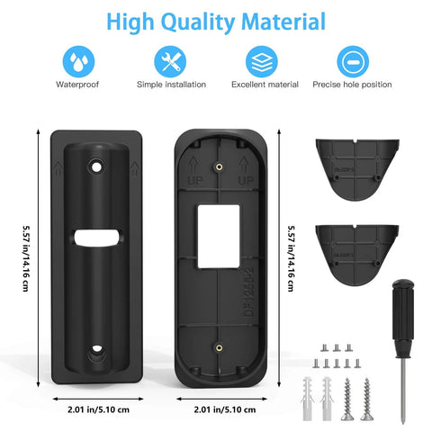 Adjustable Doorbell Mount For Arlo Video Doorbell 2K 2nd Gen Wedge Kit With 0 To 45 Degree Tilt, components and measurements shown