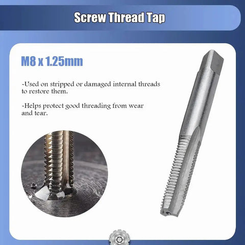 M8x1.25mm screw thread tap for restoring stripped or damaged internal threads, shown in close-up with instructional text.