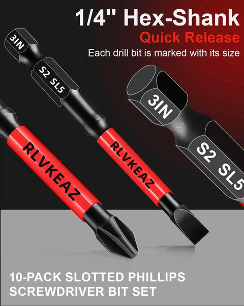 Ten Piece Three Inch Magnetic Screwdriver Bits Set With S2 Alloy Steel For Impact Driver And Power Drill Includes Phillips Bits Sizes One Two Three And Slotted Bits In Three Four Five Six Millimeter And Quarter Inch Hex Shank Pro And DIY Essential, close-up view showing 1/4 inch hex shank and S2 steel marking.