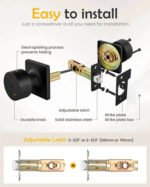 Installation diagram of Matte Black Interior Door Knobs With Lock Privacy Bedroom And Bathroom Door Handles featuring adjustable latches.