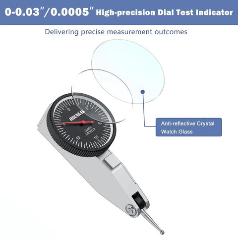 Dial Test Indicator With Magnetic Base Stand Built For Pros 0 To 0.03 Inch Range And 0.0005 Inch Resolution shown close-up with anti-reflective glass