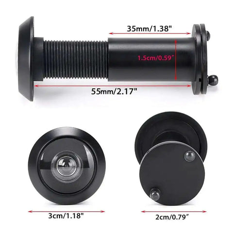 Solid Brass Door Peephole With 220 Degree View And Heavy Duty Rotating Privacy Cover for home office hotel use, dimensions shown.